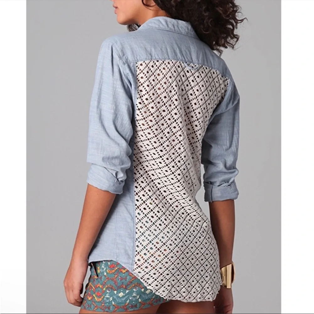Free People Chambray & Lace Slubby Road Trip Button Down - Picture 2 of 3